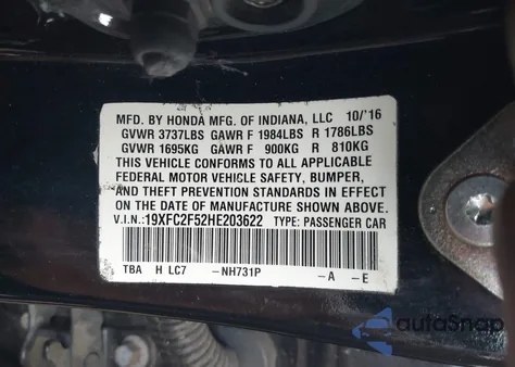 2017 Honda Civic Lx из США, поврежденный, VIN 19XFC2F52HE203622